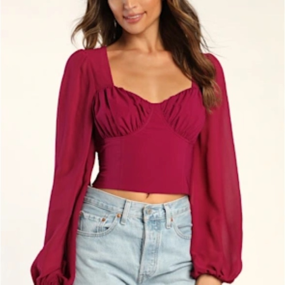 LULUS Alluring Flirt Magenta Long Sleeve Crop Top  size XS